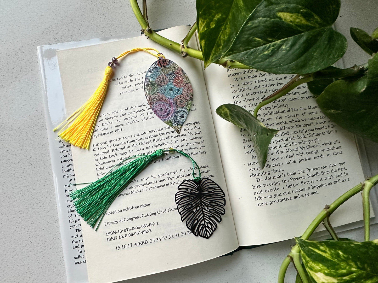 Monstera Leaf Bookmark with Beaded Green Tassel