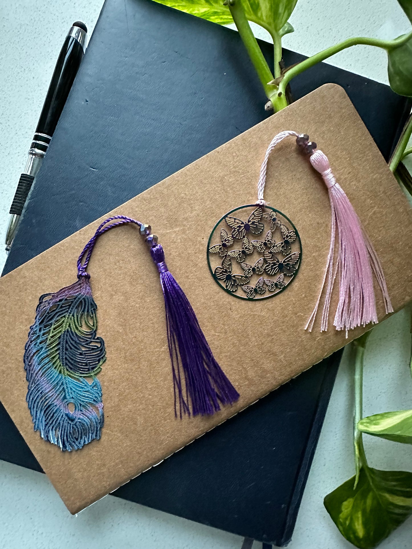 Metal Feather Bookmark with Beaded Purple Tassel