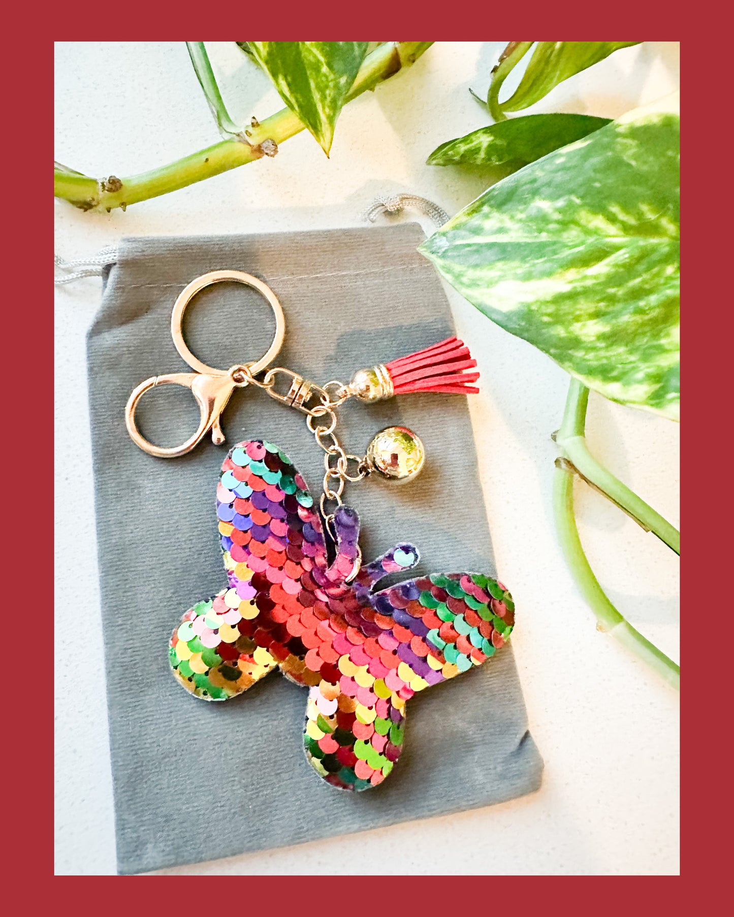 Rainbow Sequined Butterfly Key Chain with Tassel