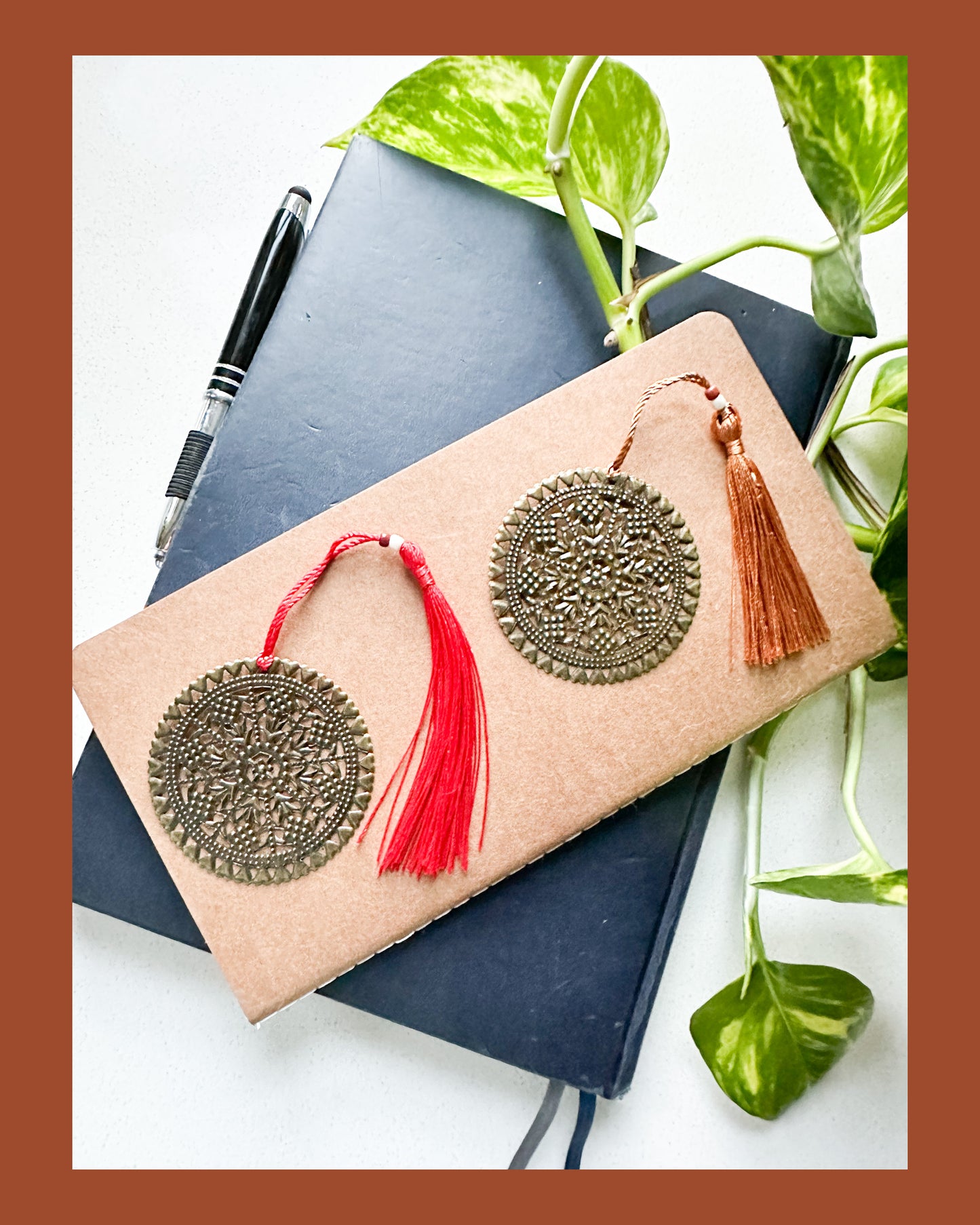 Bronze Medallion Bookmark with Beaded Red Tassel