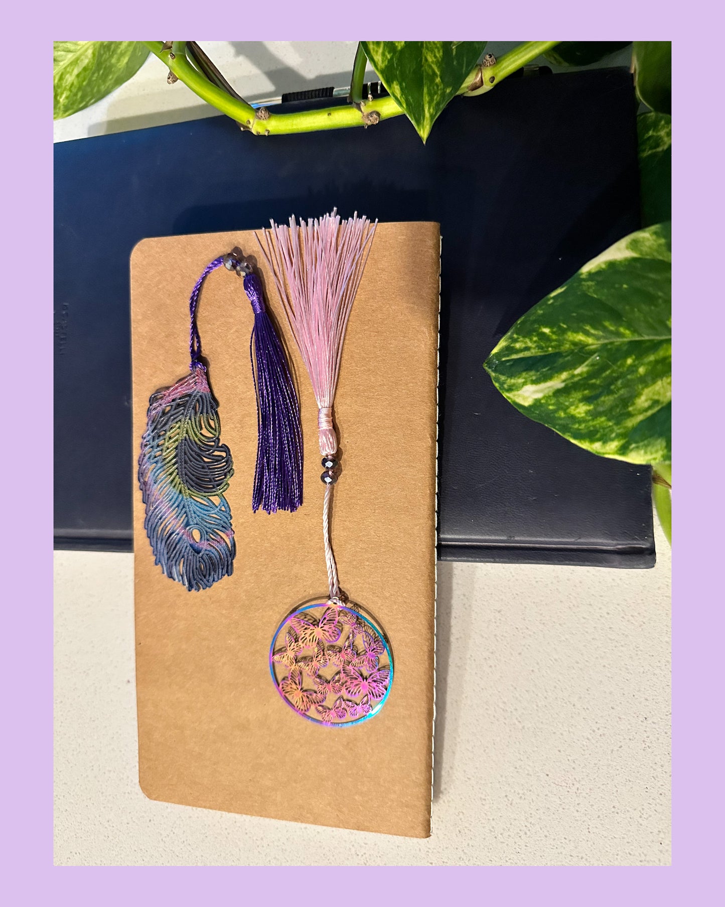 Metal Kaleidoscope of Butterflies Bookmark with Pink Purple Tassel