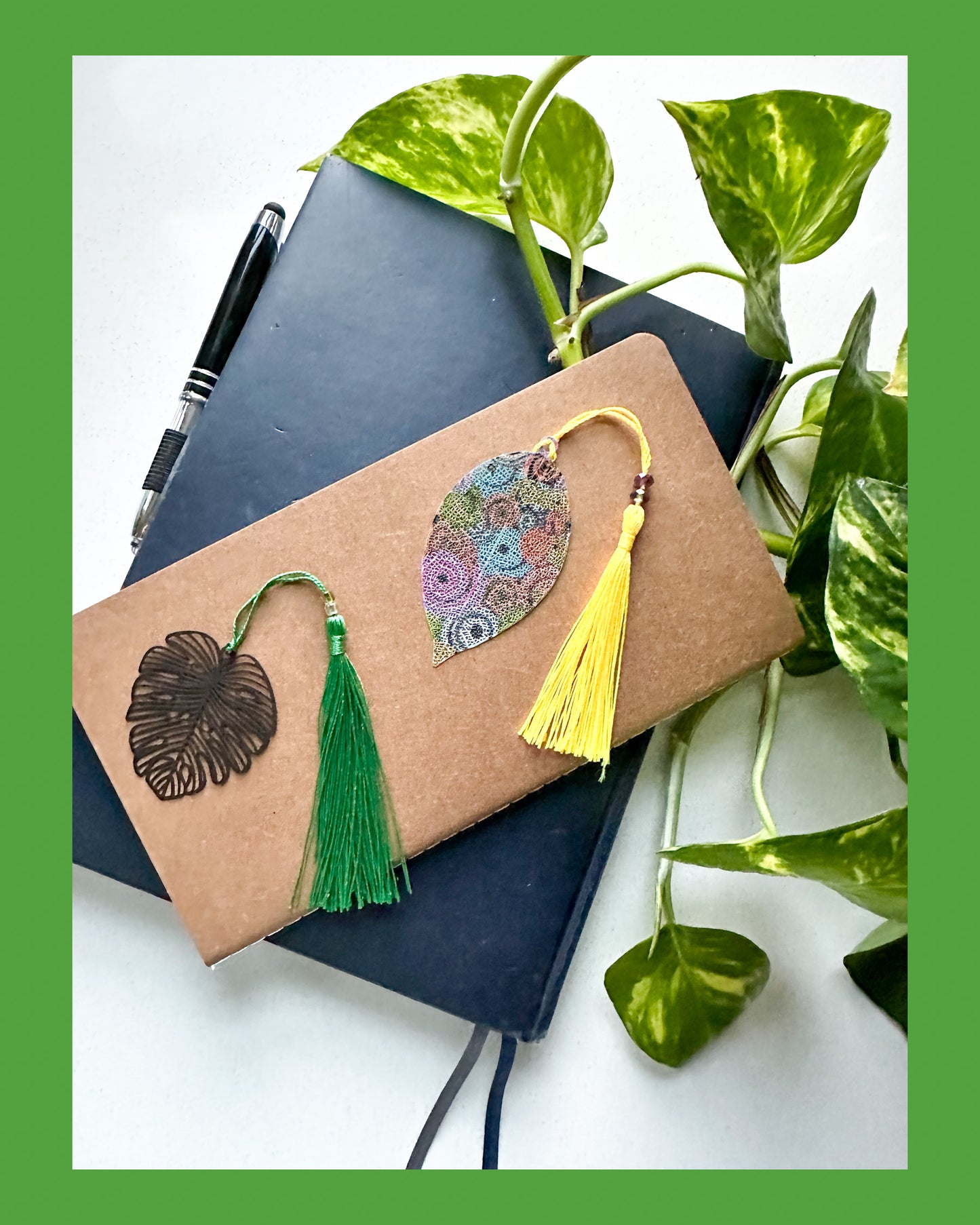 Monstera Leaf Bookmark with Beaded Green Tassel