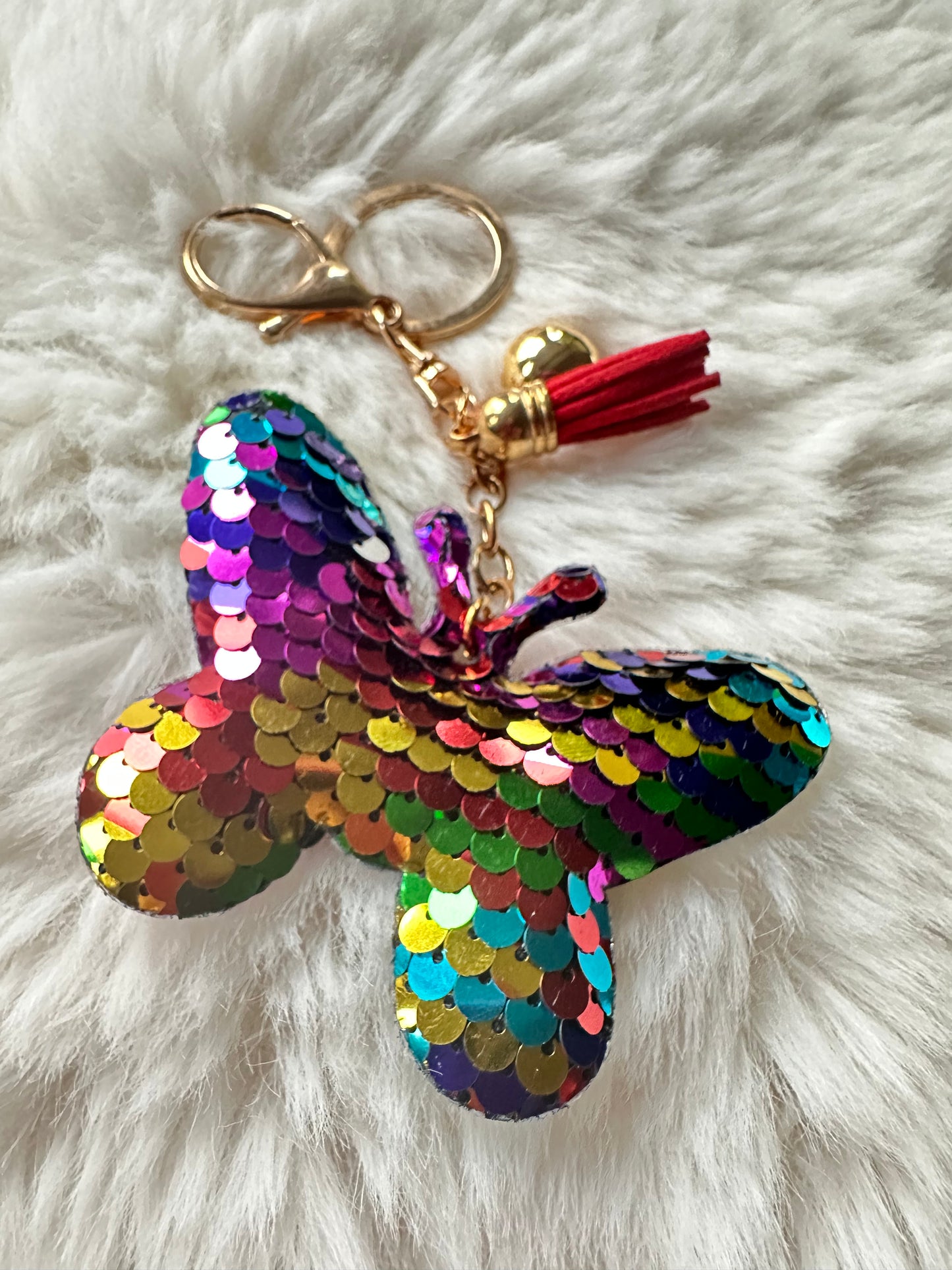 Rainbow Sequined Butterfly Key Chain with Tassel