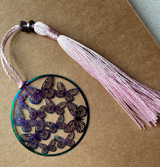 Metal Kaleidoscope of Butterflies Bookmark with Pink Purple Tassel