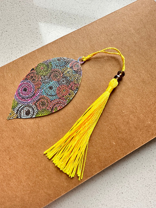 Colorful Leaf Metal Bookmark with Beaded Yellow Tassel