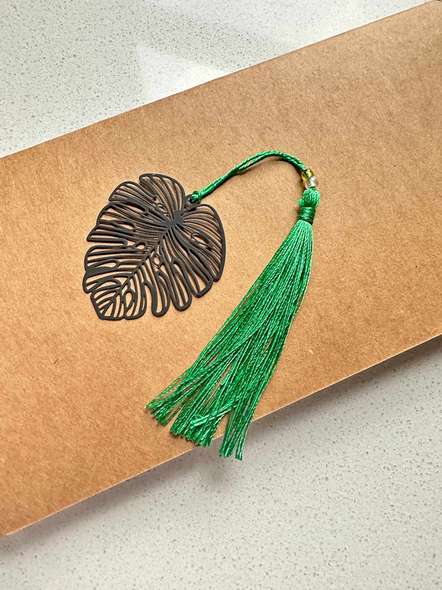 Monstera Leaf Bookmark with Beaded Green Tassel