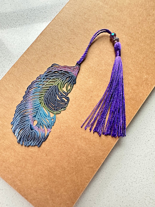 Metal Feather Bookmark with Beaded Purple Tassel