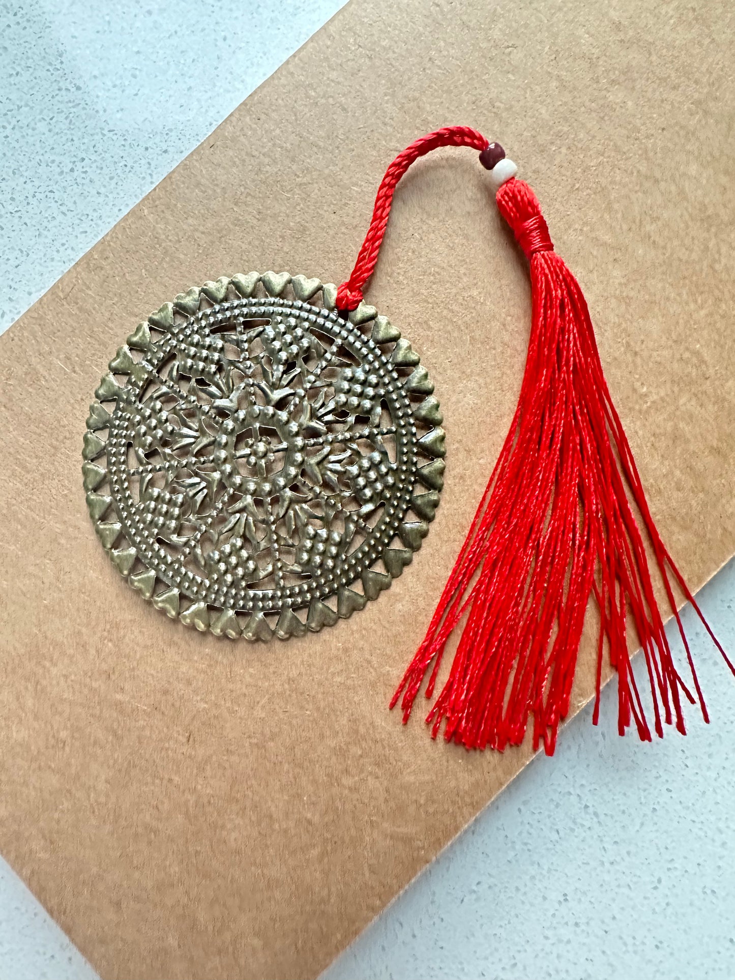 Bronze Medallion Bookmark with Beaded Red Tassel