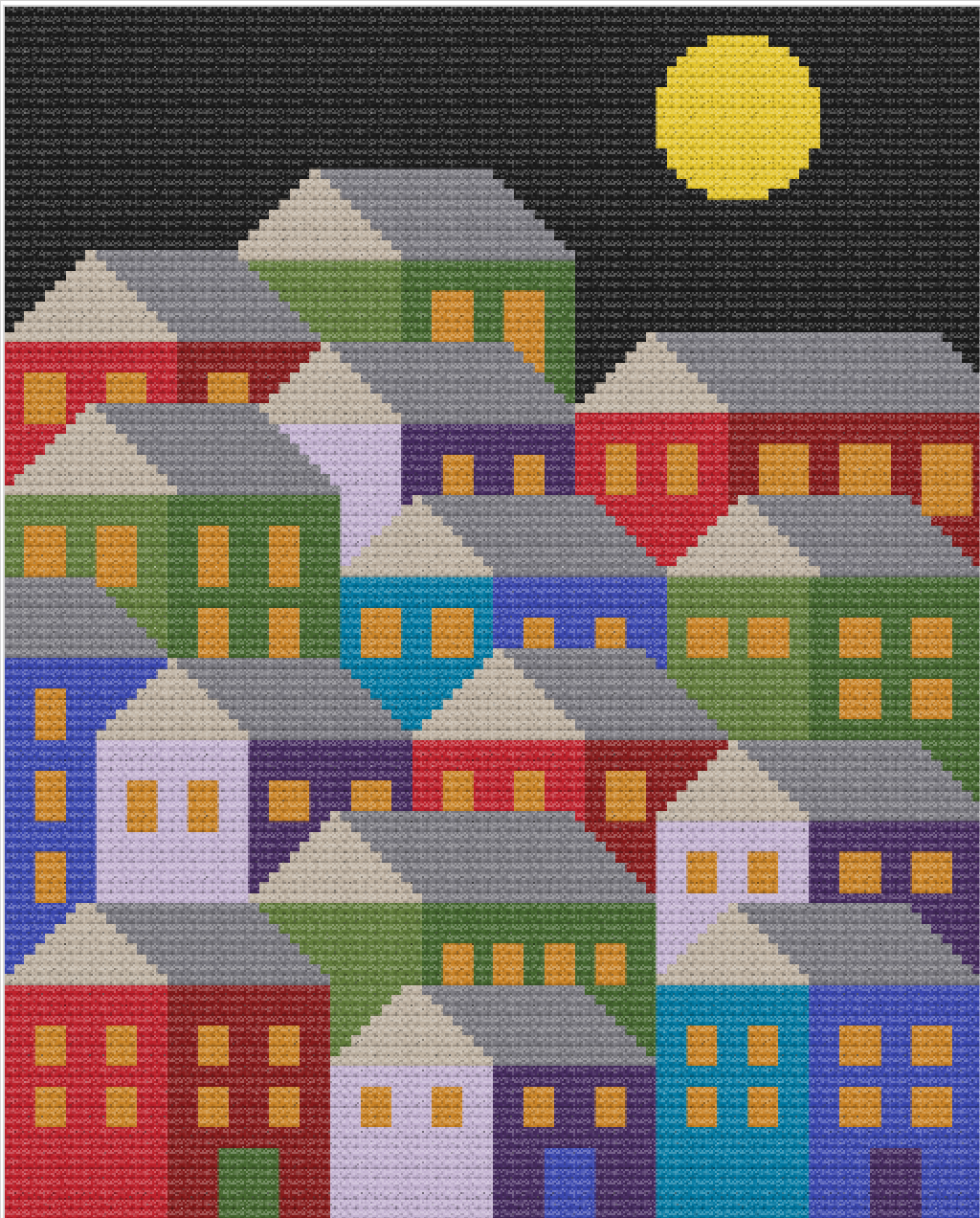 Hillside Houses at Night Crochet Pattern C2C 96 x 120