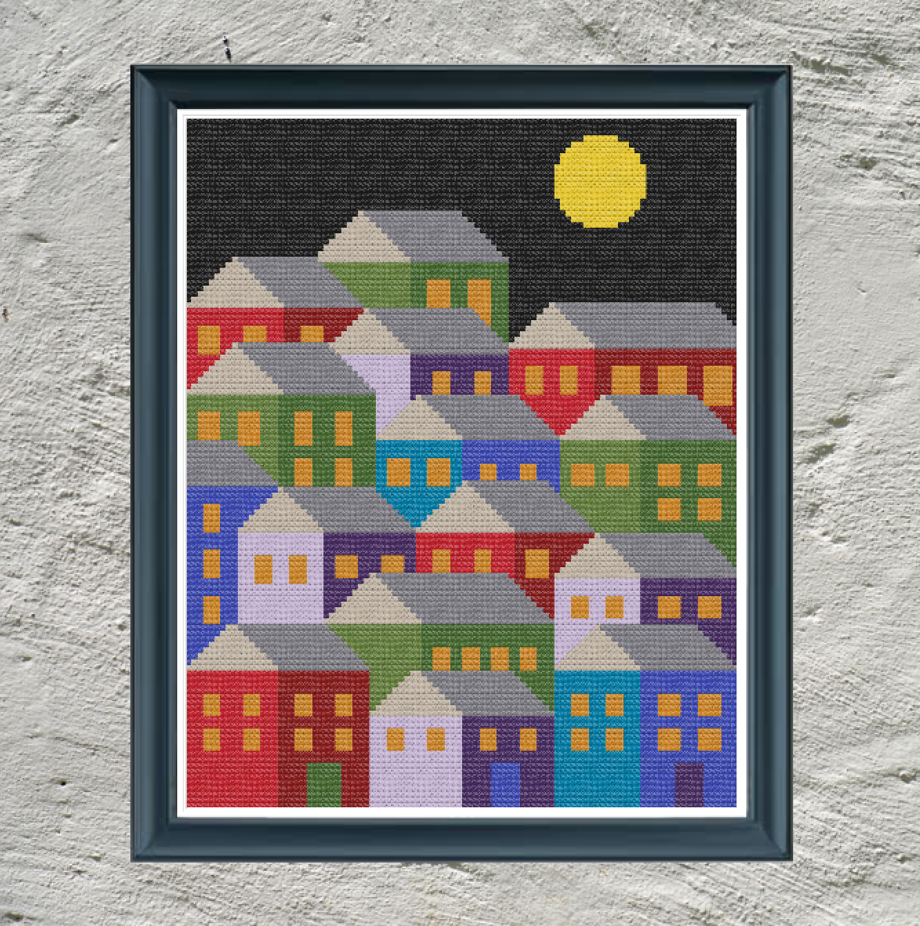 Hillside Houses at Night Crochet Pattern C2C 96 x 120