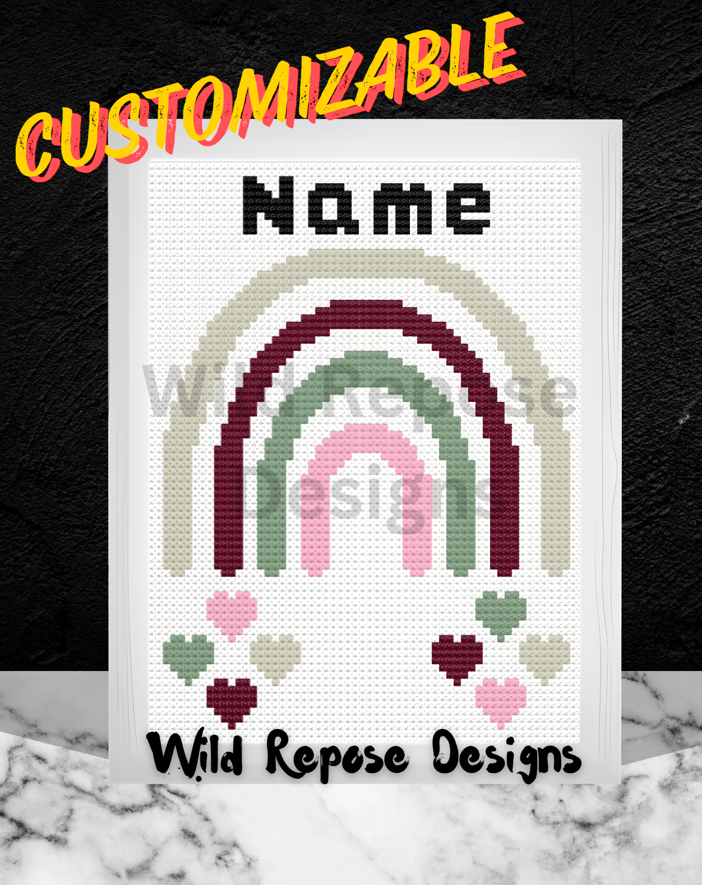 Rainbow and Hearts with Name Customizable C2C Crochet Pattern 63 x 83