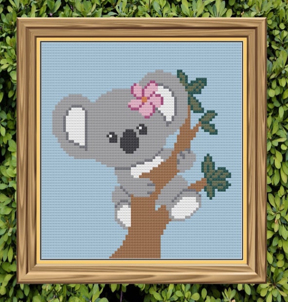 Koala with Flower on Branch Crochet Pattern 74 x 80 C2C