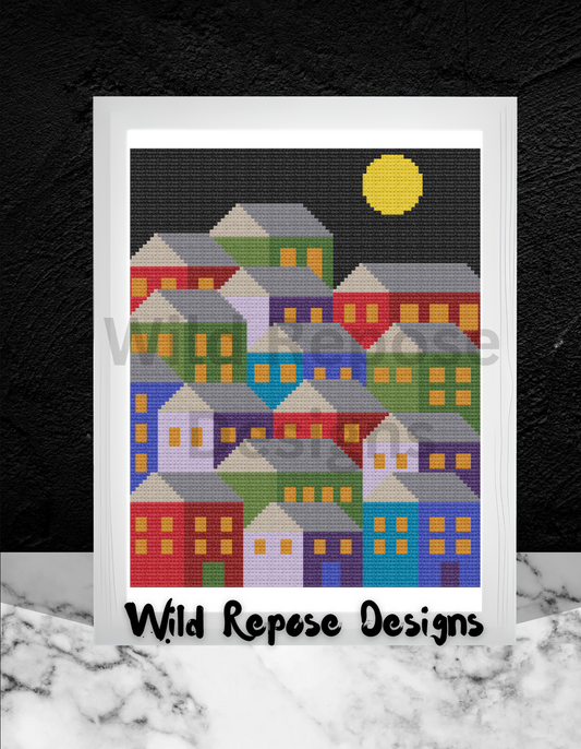 Hillside Houses at Night Crochet Pattern C2C 96 x 120